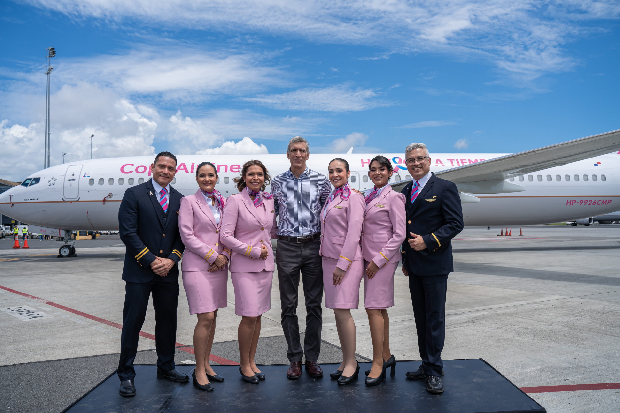 Copa Airlines unveils new aircraft featuring the “Get Tested Early” breast cancer awareness campaign message
